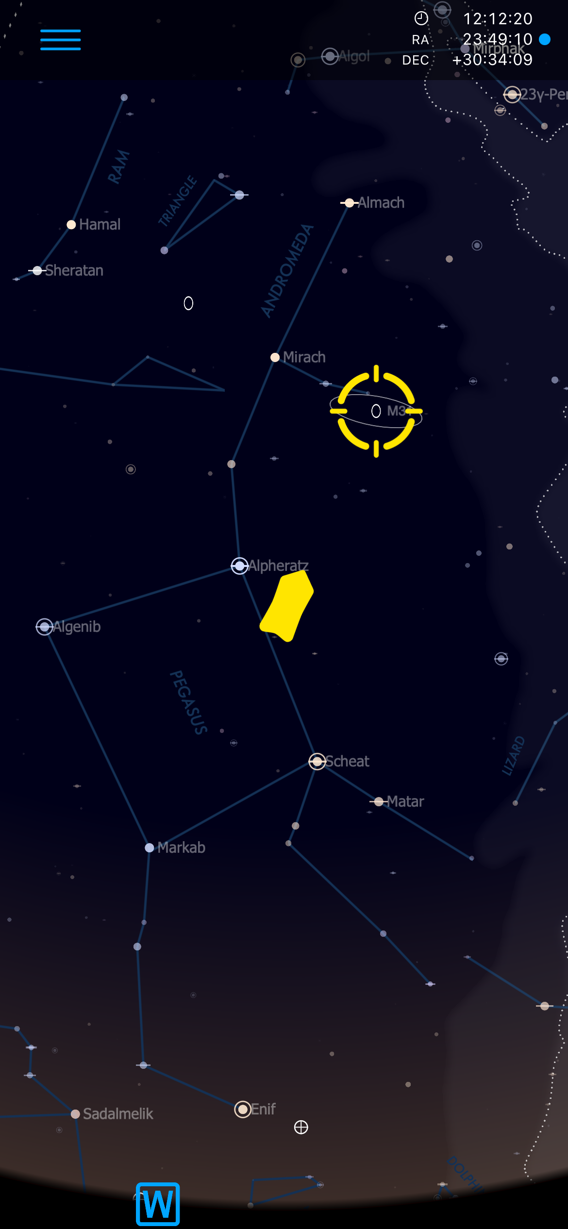 Live sky map showing Andromeda, Cassiopeia and the horizon at dusk