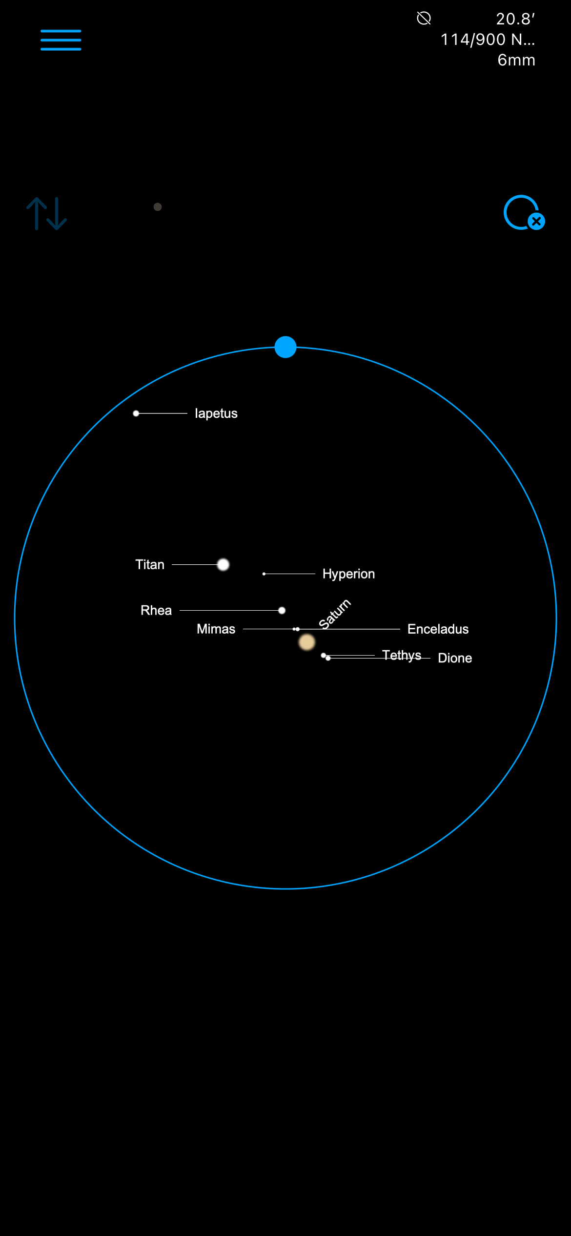 Saturn and its moons Titan, Rhea, Iapetus, Mimas, Enceladus, Tethys, Dione, Hyperion framed inside an eyepiece field of view